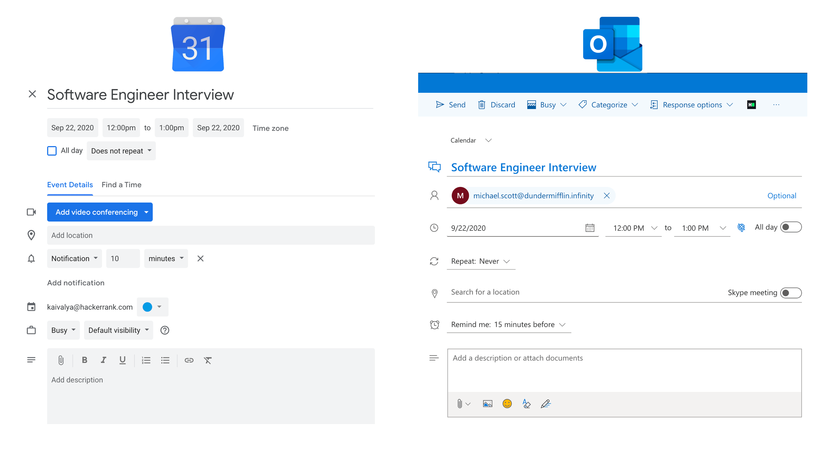 Screenshot of Google Calendar and Office 365 HackerRank Integration