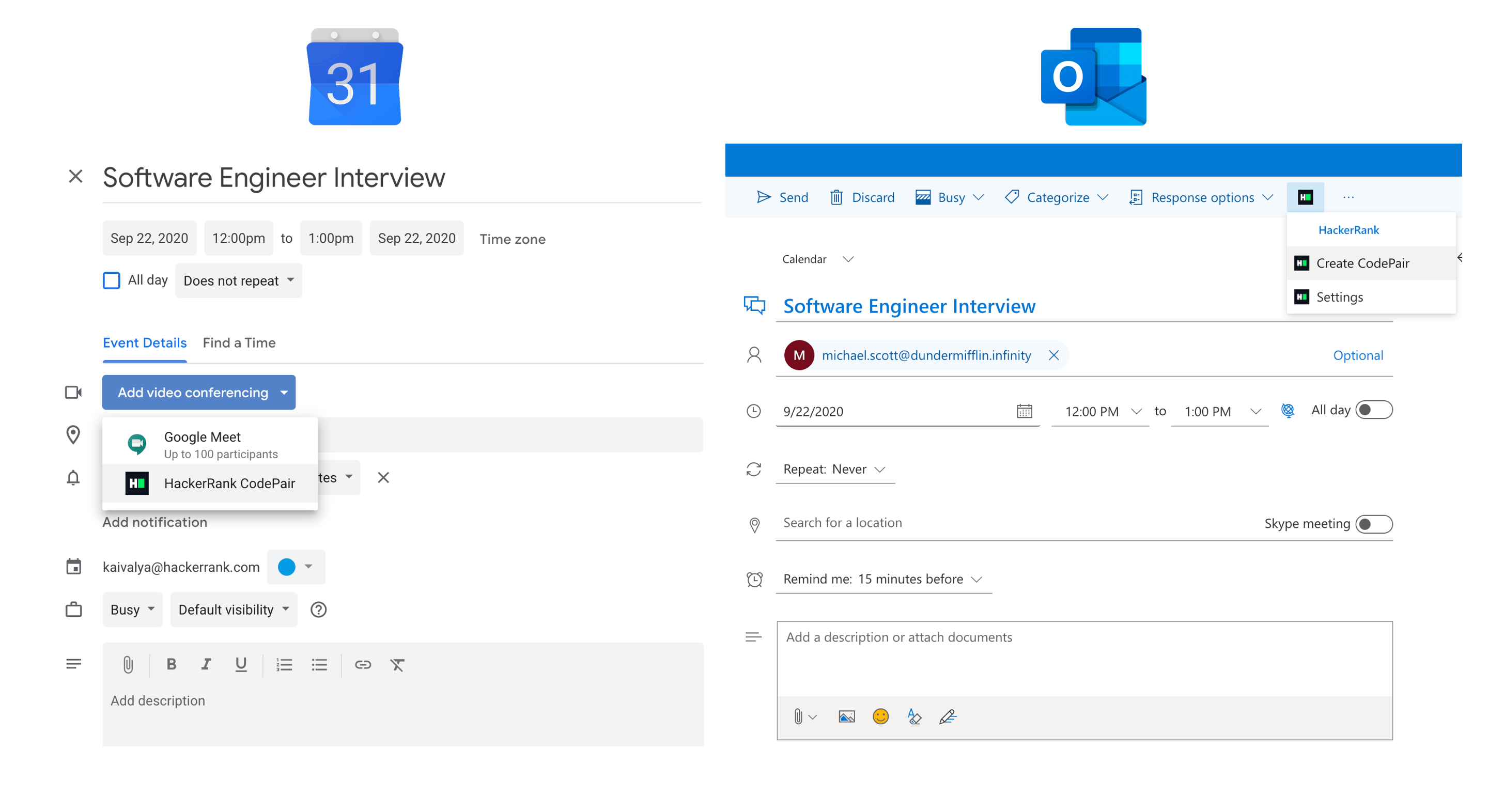 Screenshot of Google Calendar and Office 365 HackerRank Integration Scheduling
