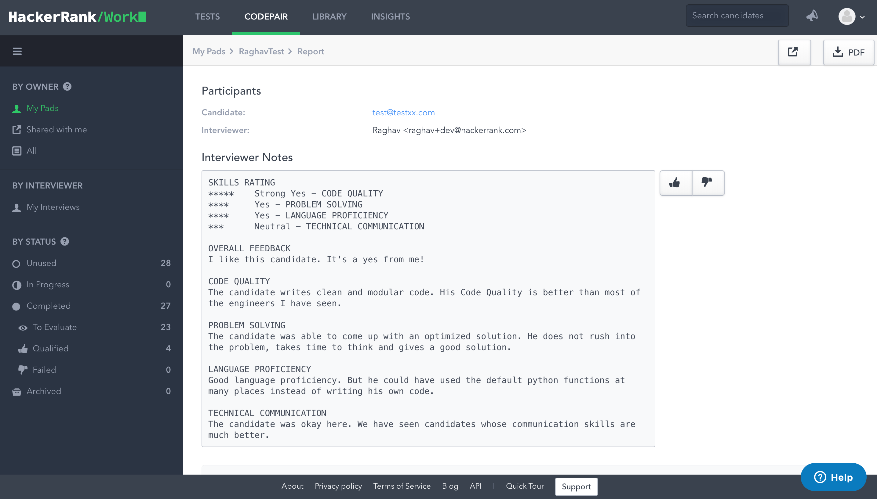 Sample candidate report card in CodePair 