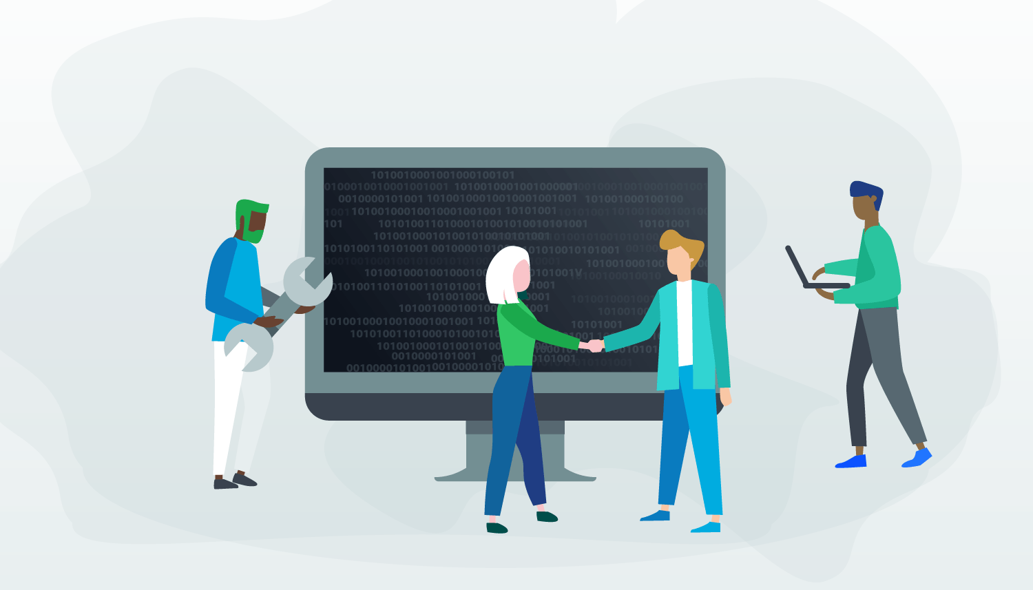 Illustration of two people shaking heads in front of a giant screen with binary digits on it, with two people standing to its side holding a spanner and a laptop