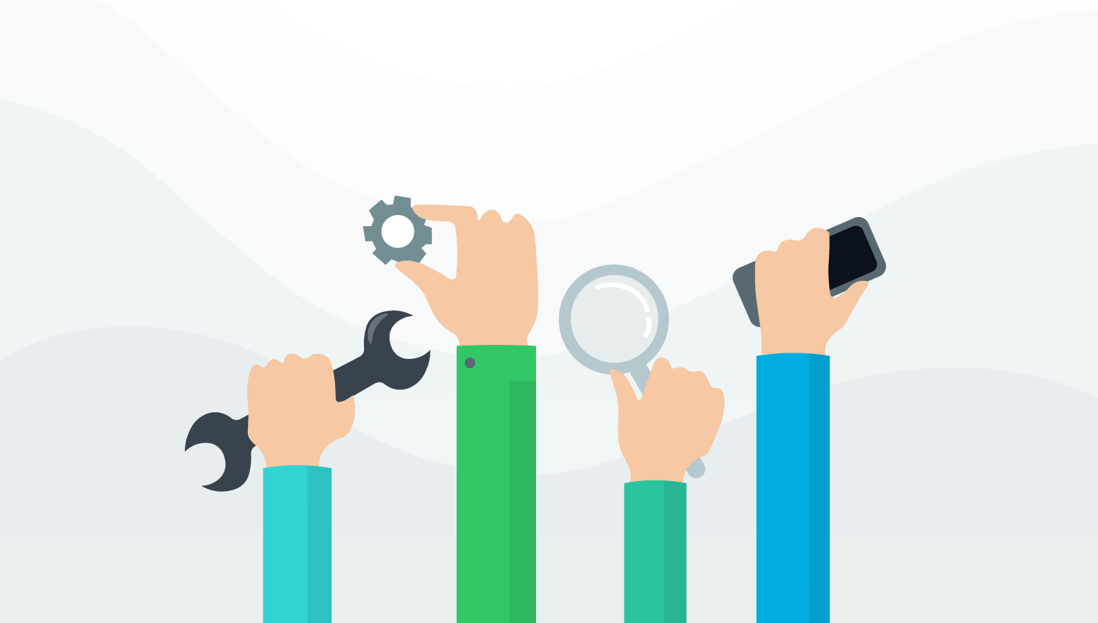 Illustration of three hands holding up a spanner, a gear and a magnifying glass