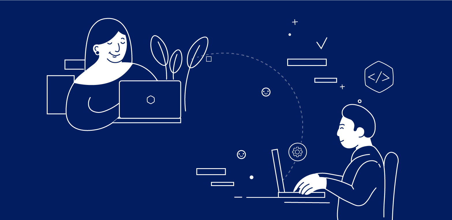 Illustration of two people working on their laptops in a blue background, connected by a dotted white line 