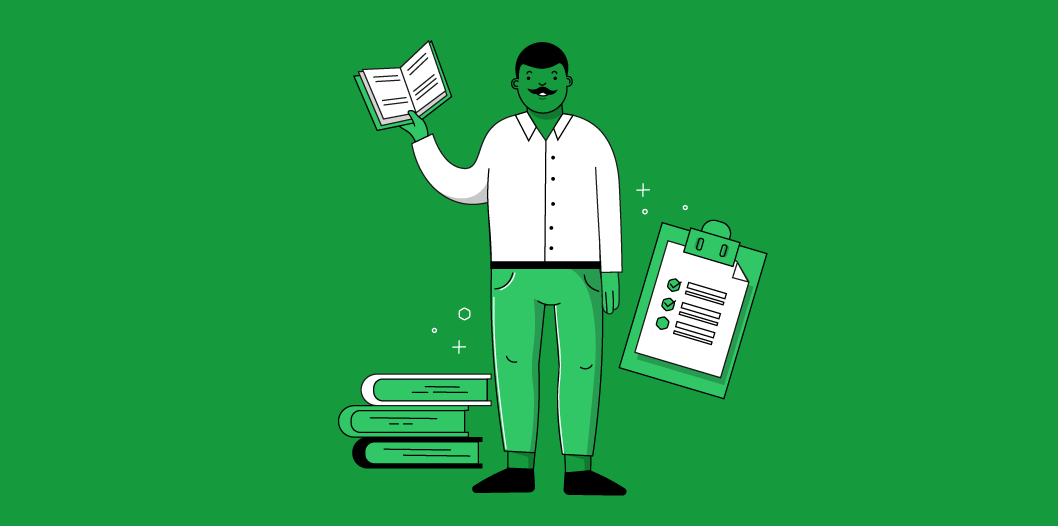 Illustration of man standing next to a stack of books, and holding an open one in his hand 