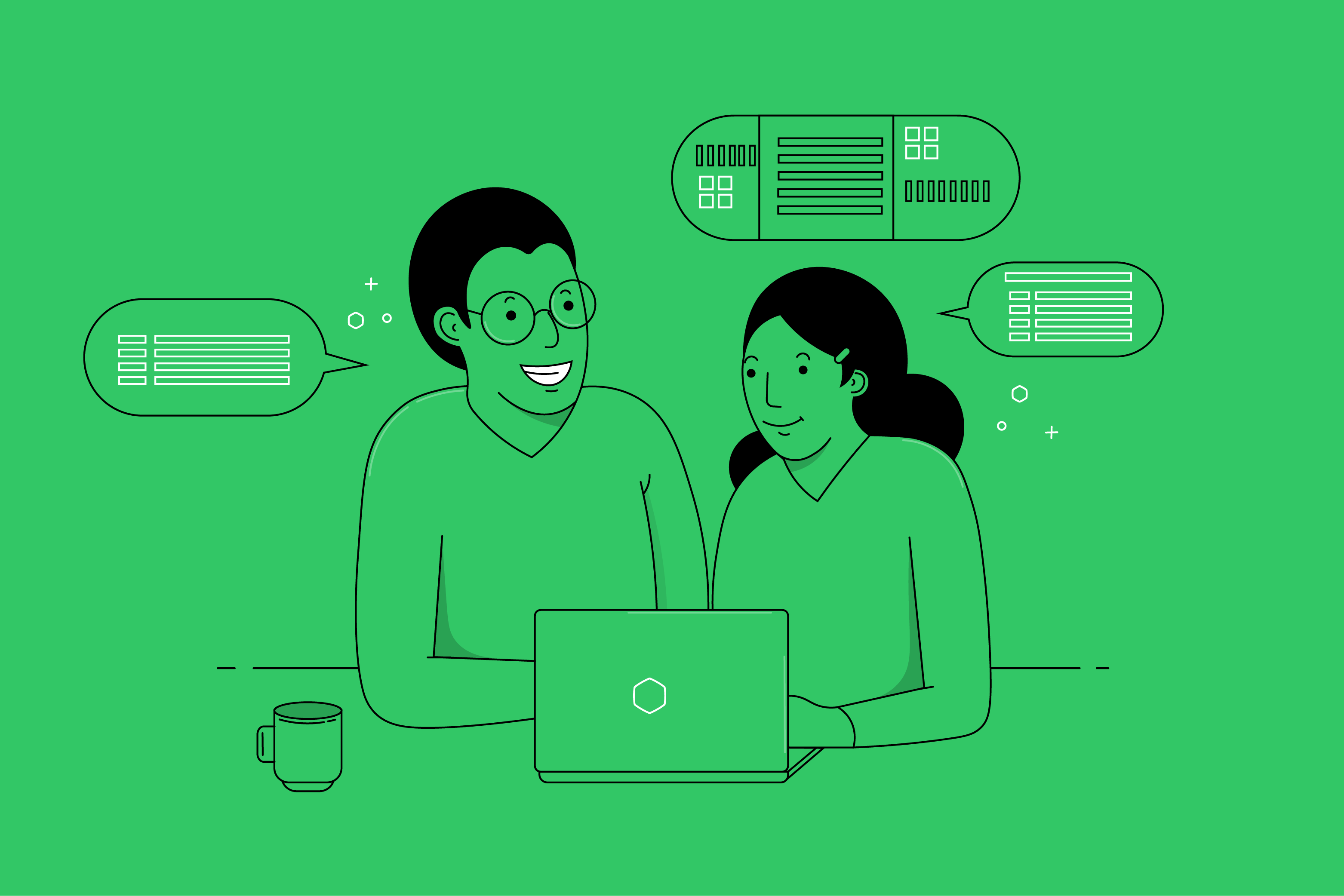 Illustration of 2 smiling people working on a laptop with speech bubbles next to each of them