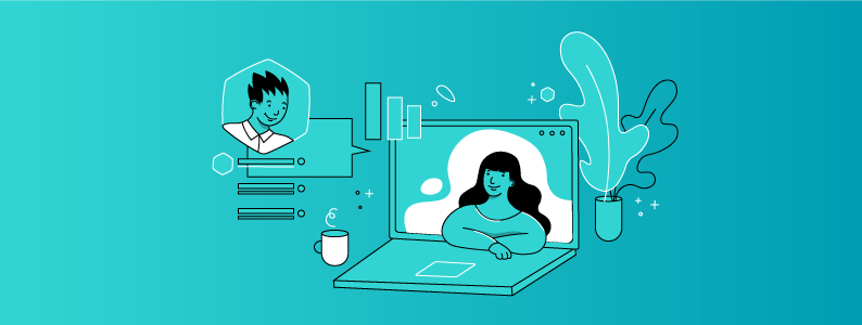 Illustration of a woman on a laptop screen that's in front of a potted plant, and a speech bubble and headshot of a man to the left