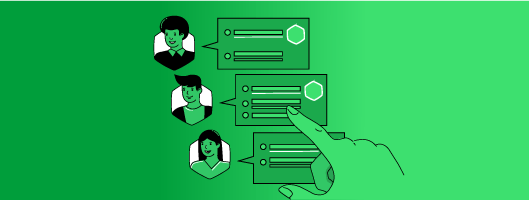 Illustration of three speech balloons with a few lines inside, next to headshots 
