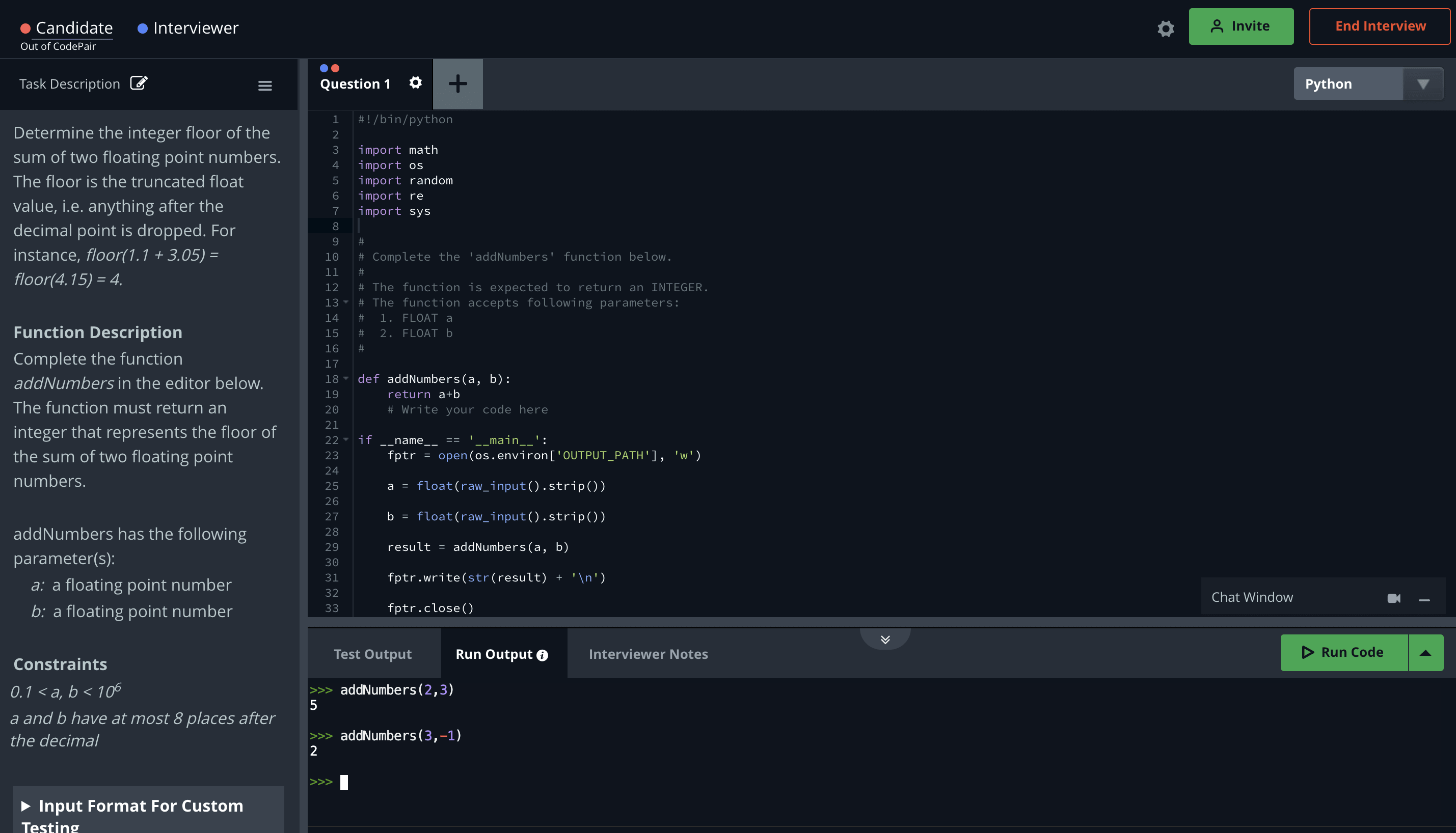 REPL in use in CodePair during technical interview