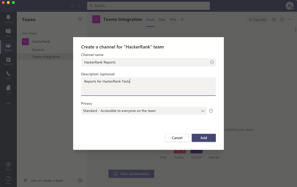 Microsoft Teams create channel screenshot