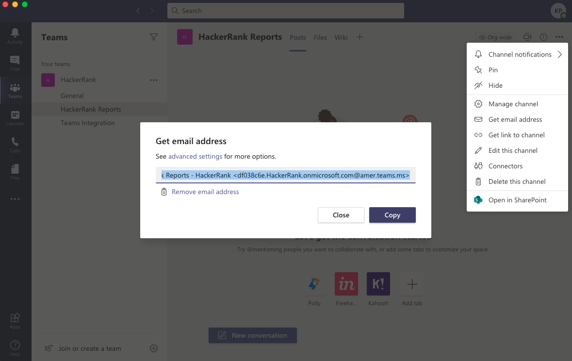 Microsoft Teams generate email ID screenshot
