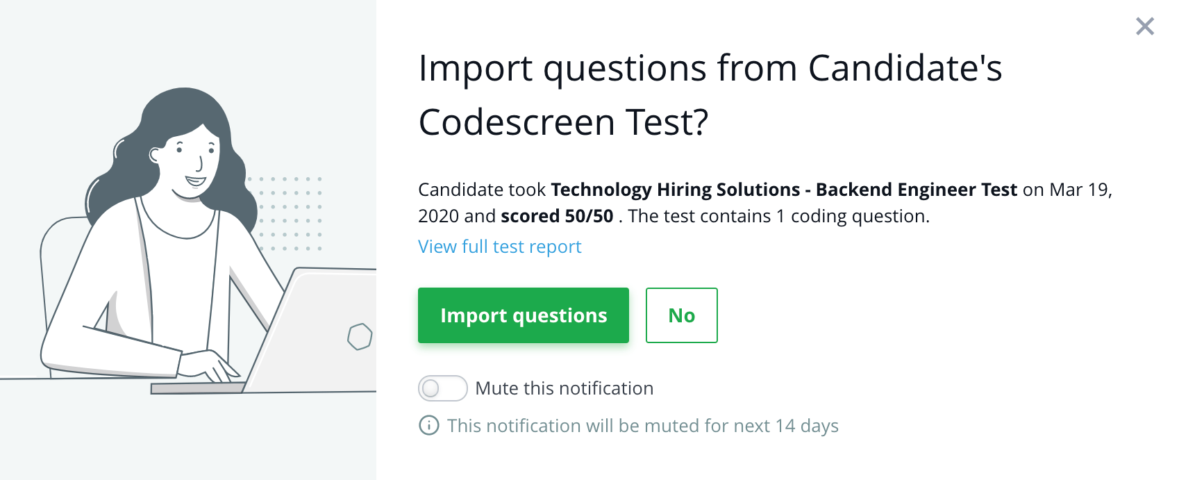 Screenshot of "Import questions from Candidate's Codescreen Test" option 