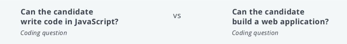 Two questions asking if a candidate can write code in JavaScript and if they can build a web application, with a "vs." in between them