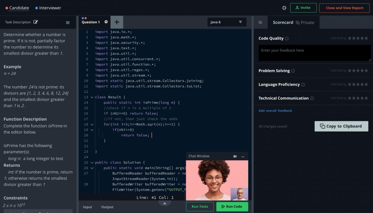 Interviewer's interface in CodePair, showing scorecard