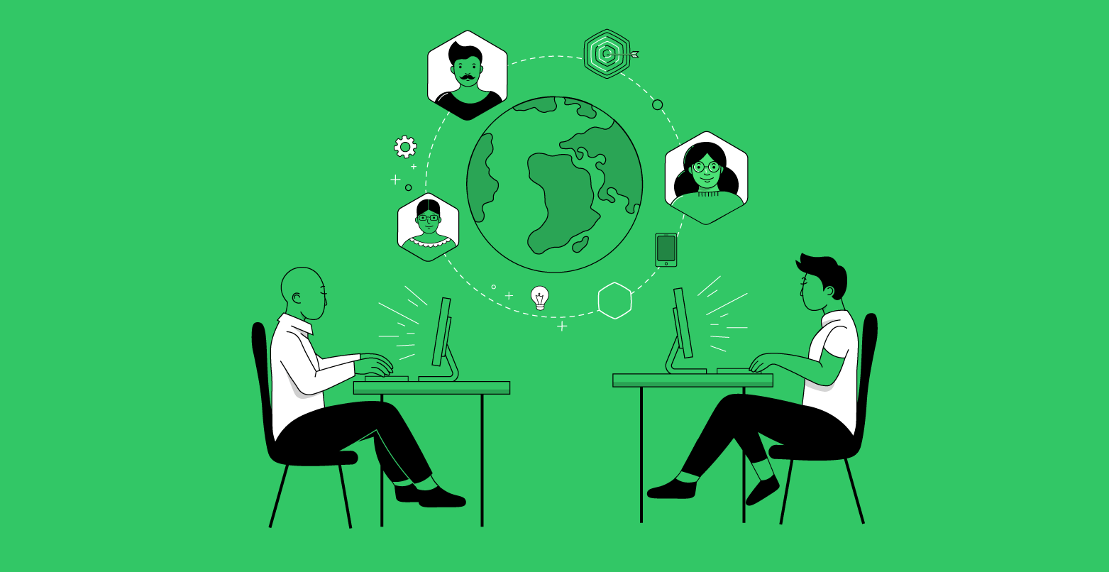 Illustration of two people sitting oppsosite each other on workstations, with a floating globe in between 
