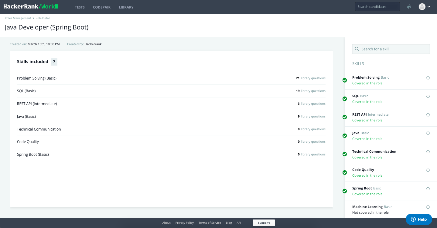 Roles Management tab in HackerRank for Work for hiring Java Developer (Spring Boot)