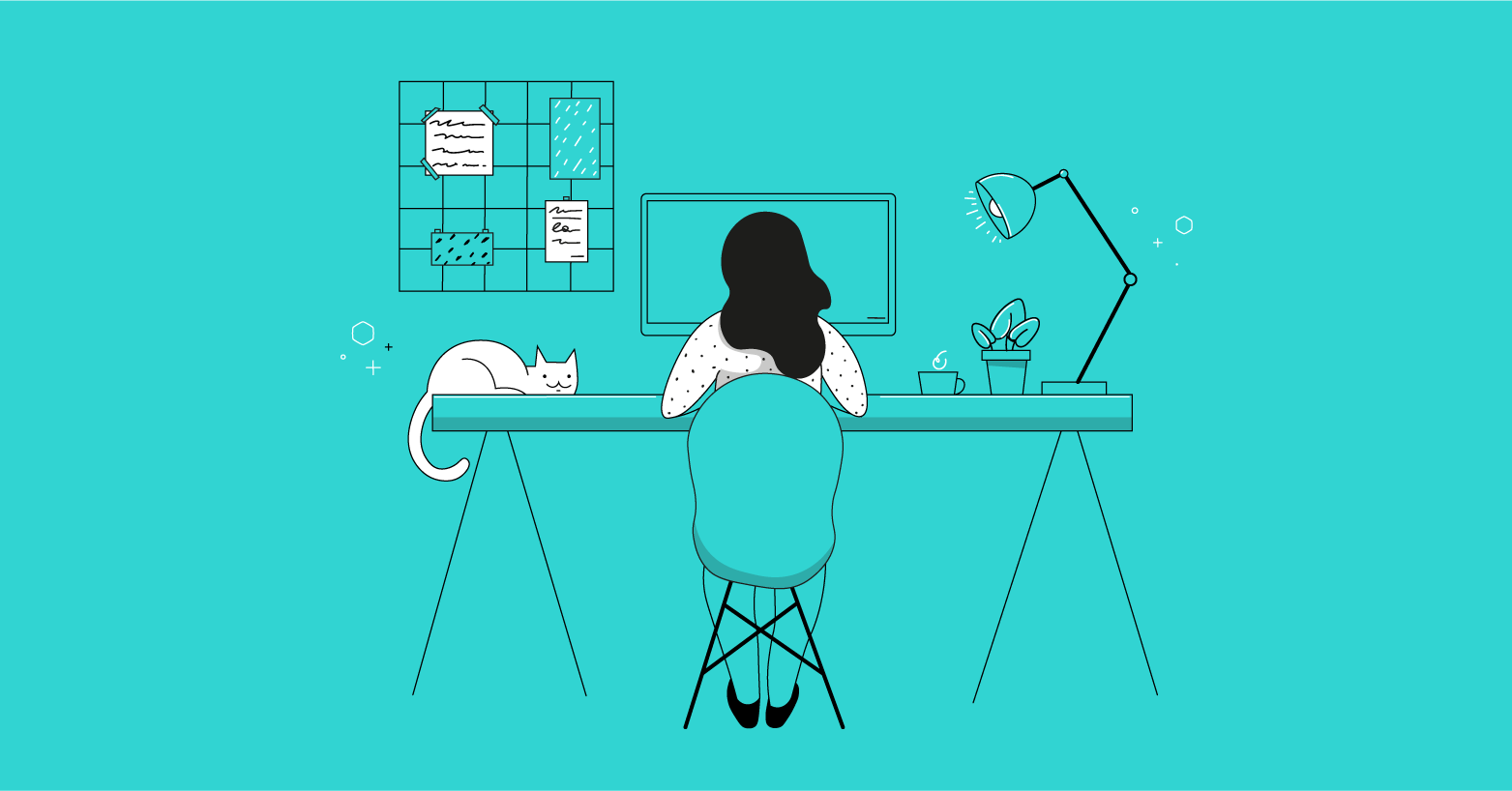 Illustration of back view of a woman seated at her desk working, with a cat laying on the same desk