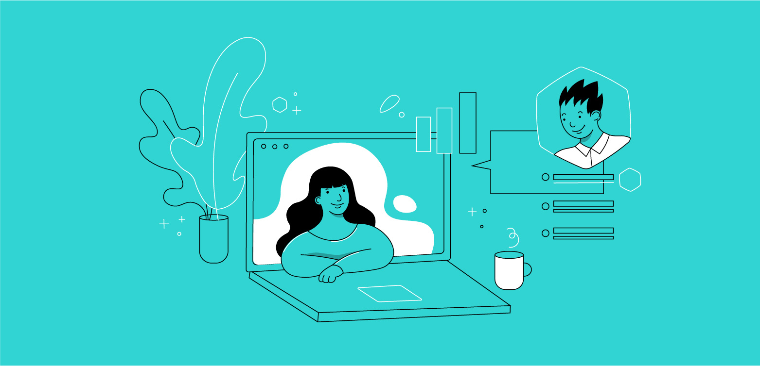 Illustration of a woman on a laptop screen that's in front of a potted plant, and a speech bubble and headshot of a man to the right