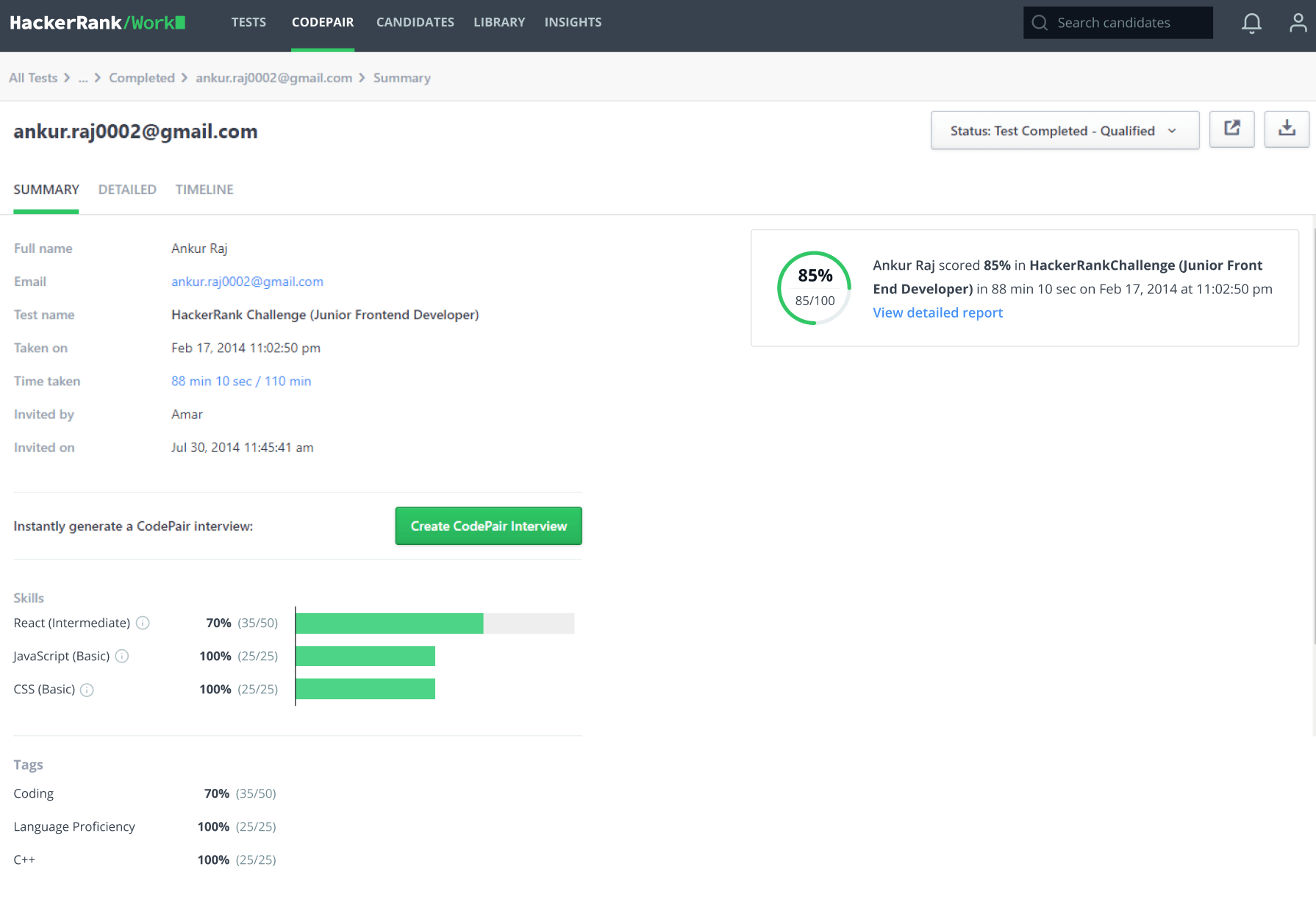 Screncapture showing the new candidate test report experience, showcasing scores for skills relevant to the role