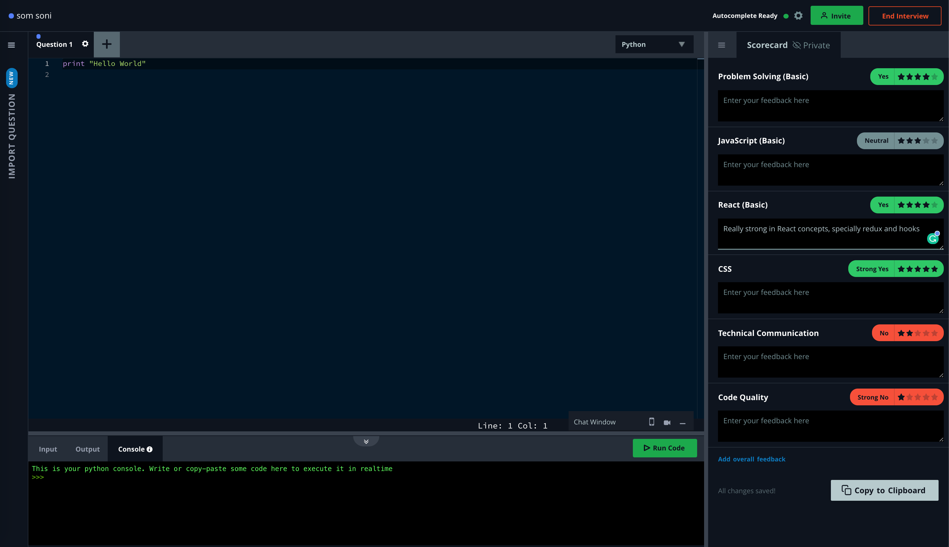 Screenshot of HackerRank CodePair interview, showing interviewer scorecard customized by chosen role