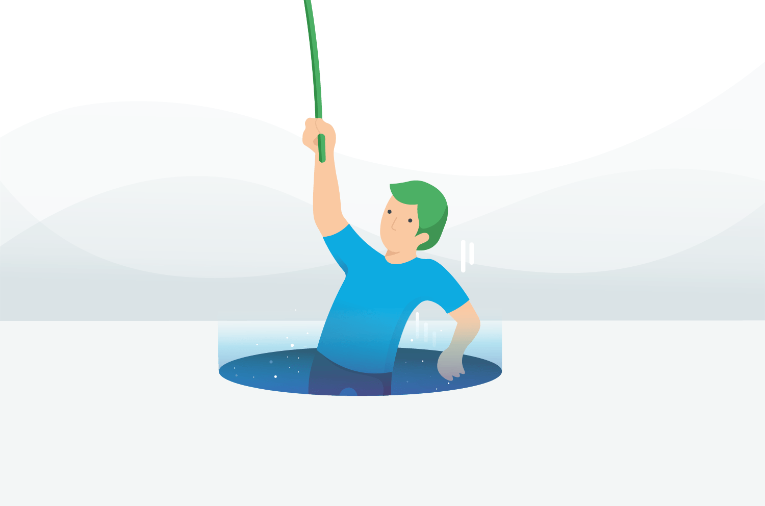 Illustration of a man standing inside a hole holding up a stick in one raised hand